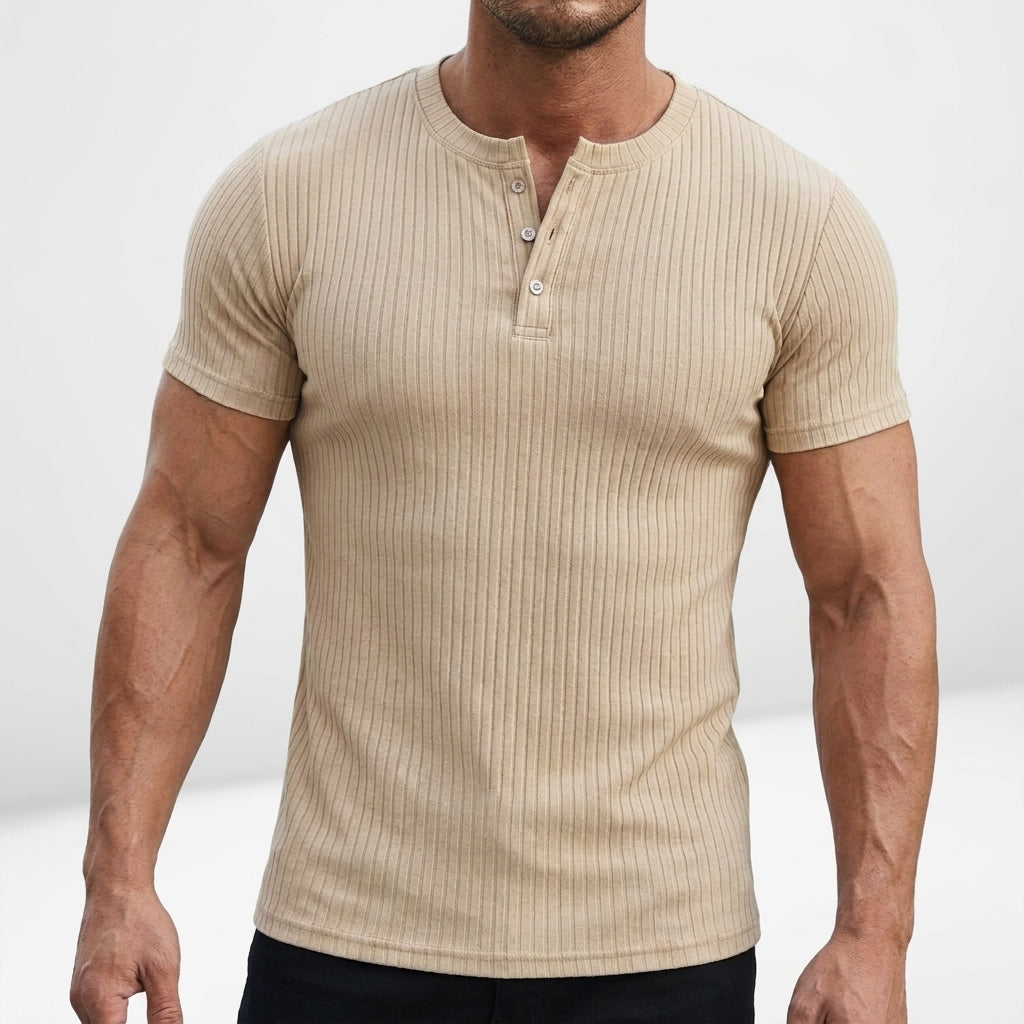 Norev | Męska koszulka Henley slim fit prążkowana krótki rękaw