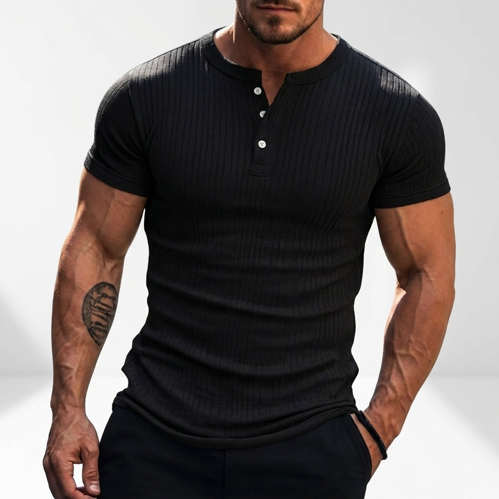 Norev | Męska koszulka Henley slim fit prążkowana krótki rękaw