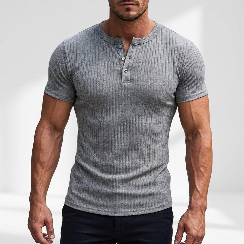 Norev | Męska koszulka Henley slim fit prążkowana krótki rękaw