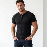Norev | Męska koszulka Henley slim fit prążkowana krótki rękaw