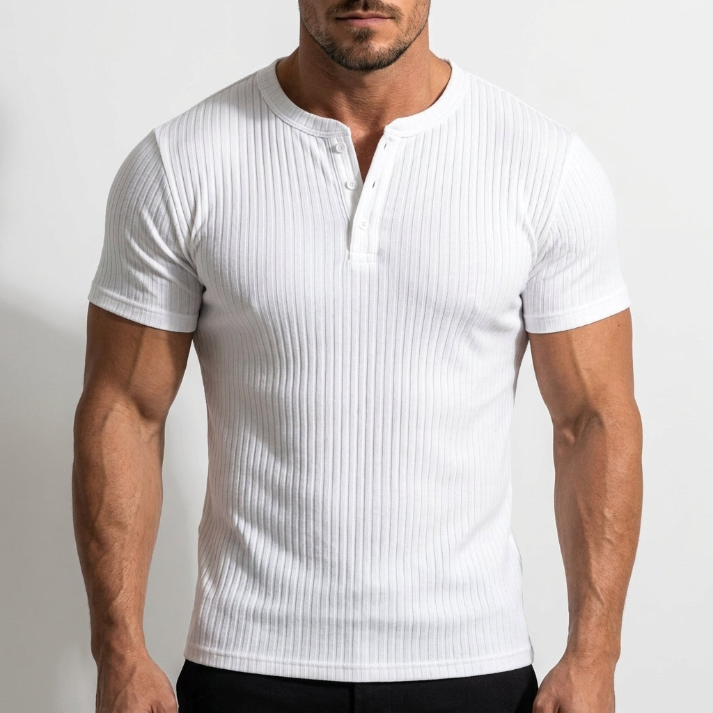Norev | Męska koszulka Henley slim fit prążkowana krótki rękaw