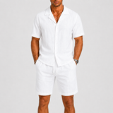 Norev | Letni komplet lniany koszula camp collar dla mężczyzn resort styl