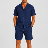Norev | Letni komplet lniany koszula camp collar dla mężczyzn resort styl