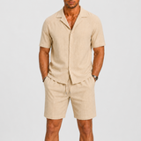 Norev | Letni komplet lniany koszula camp collar dla mężczyzn resort styl