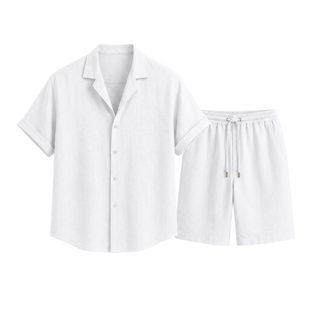 Norev | Letni komplet lniany koszula camp collar dla mężczyzn resort styl