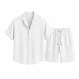 Norev | Letni komplet lniany koszula camp collar dla mężczyzn resort styl