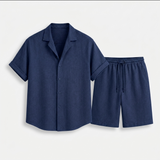 Norev | Letni komplet lniany koszula camp collar dla mężczyzn resort styl