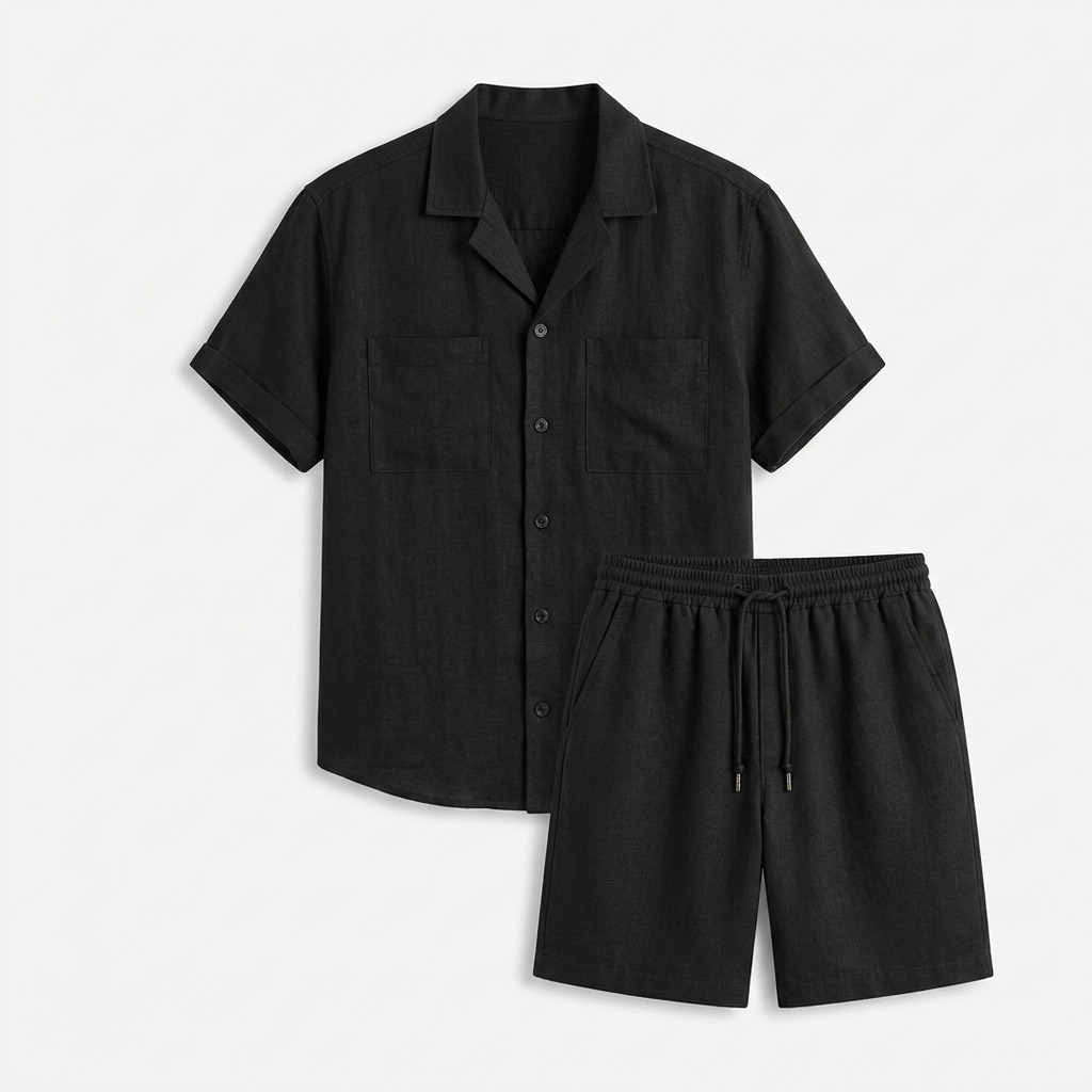 Norev | Letni komplet lniany koszula camp collar dla mężczyzn resort styl