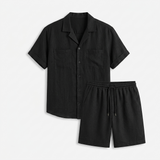 Norev | Letni komplet lniany koszula camp collar dla mężczyzn resort styl