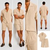 Norev | Letni komplet lniany koszula camp collar dla mężczyzn resort styl