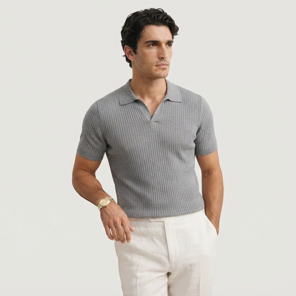 Norev Émile prążkowana koszulka polo męska bez guzików – kolor Srebrna