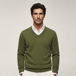 Norev Laurent wełniany sweter męski w serek – kolor zieleń oliwkowa